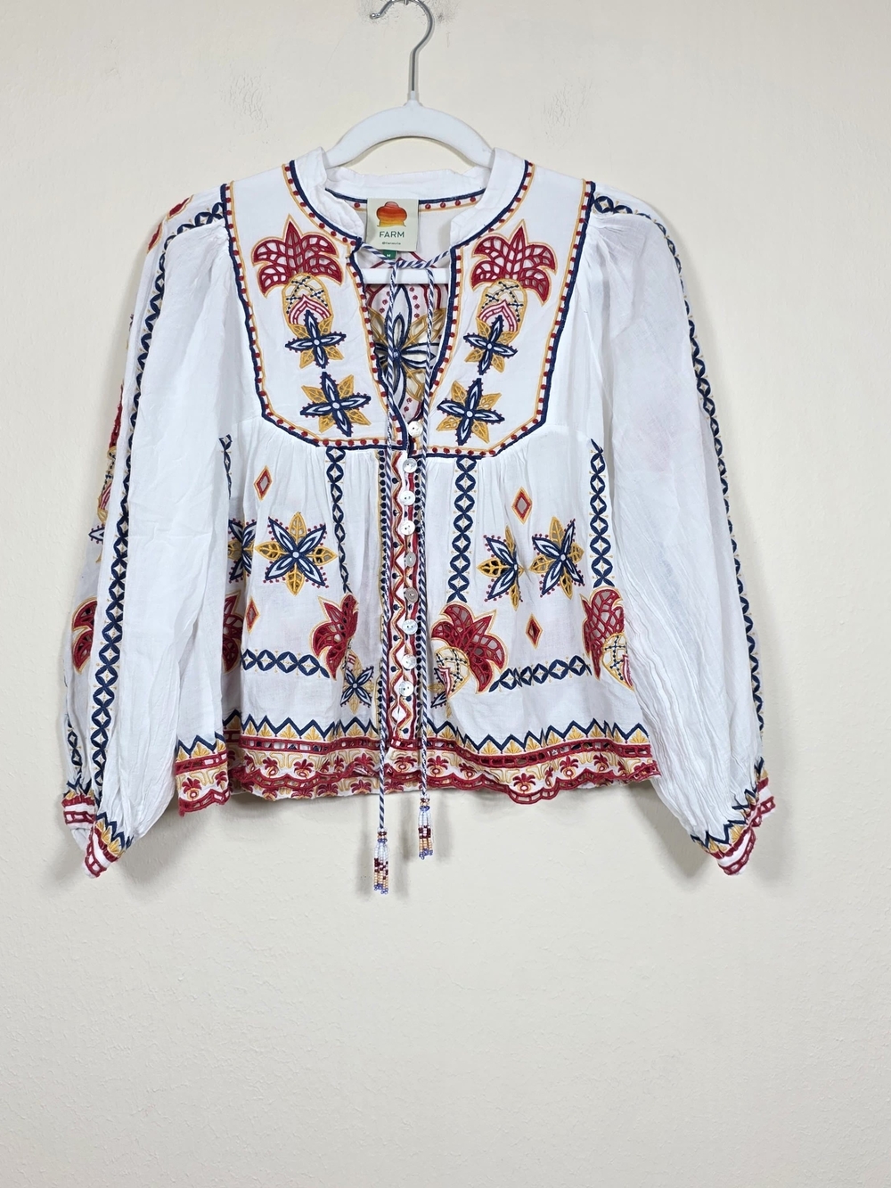 FARM RIO MARY TILES OFF-WHITE EMBROIDERED BLOUSE SIZE M MSRP $ 280 - Picture 4 of 12